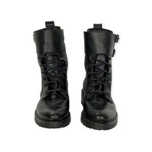 FRYE Women's Lace-Up Buckled Size 9 Black Combat Boots